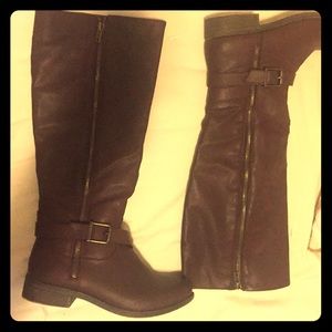 Dark burgundy JustFab boots with gold detailing